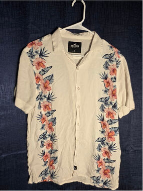 Men's Hollister White Floral Casual Button Down Shirt S Hawaiian